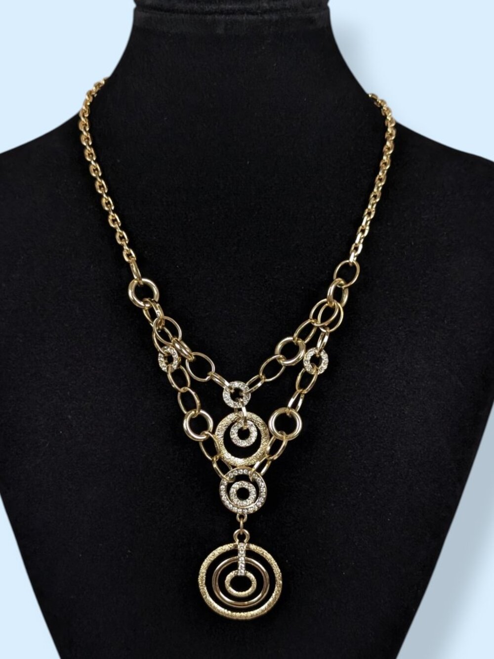 Gold Tone Rhinestone Circle Cut Out Necklace